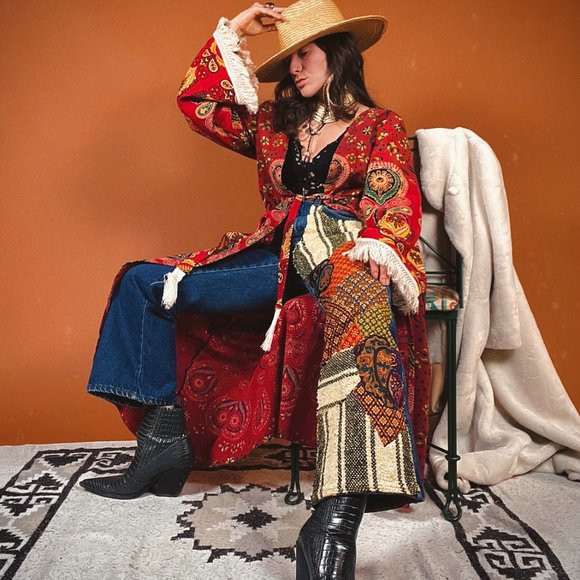 Reworked Vintage 60s 70s Retro Patchwork Statement Flare Dark Wash Jeans - Picture 6 of 8